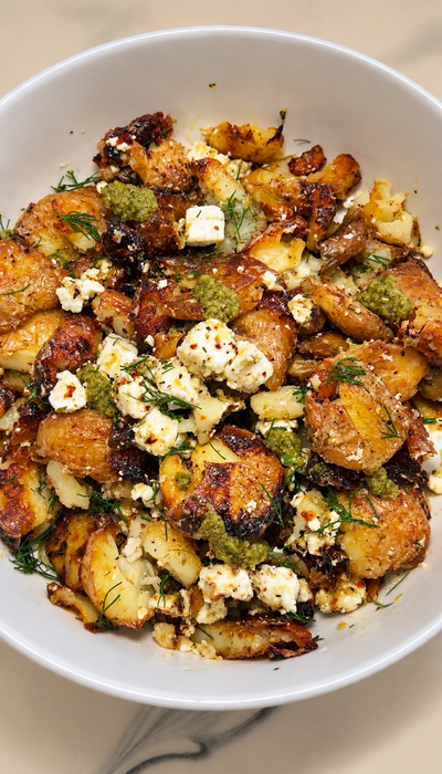 Crispy Smashed Potatoes with Feta and The Green Meko